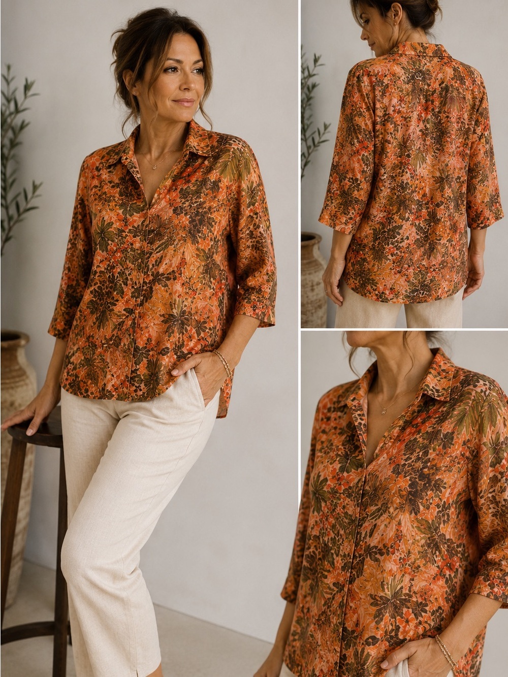 Vintage Tianello Rayon Tropical Floral 3/4 Sleeve Blouse Women’s M Made USA